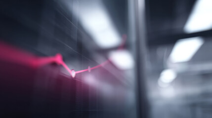 Close up of pink line graph digital screen modern office environment, showing data analysis