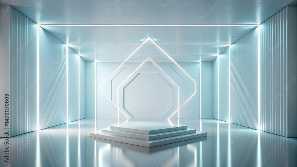 Poster Futuristic Minimalist Display Platform in a Modern Light-Infused Space with Geometric Wall Panels and Illuminated Lines