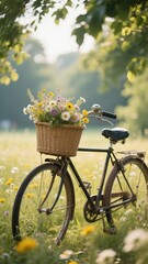 Fototapeta premium Vintage bicycle with a basket full of colorful wildflowers parked in a serene meadow on a sunny day, creating a nostalgic and peaceful scene 8K