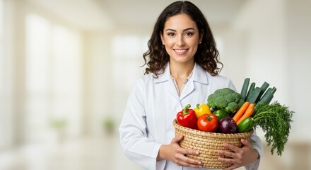 Healthy Eating Habits with a Doctor - Smiling female doctor holding a basket of fresh vegetables, promoting healthy eating and wellness
