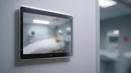 Hospital room with wall mounted monitor showing blurred image of patient bed and medical