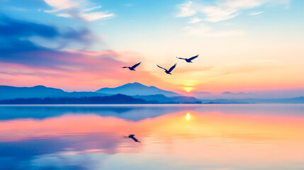 Fototapeta premium Birds flying over a serene lake at dawn