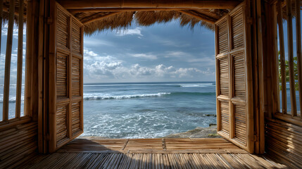 Ocean view from a traditional bamboo hut with open window shutters framing a tropical scene