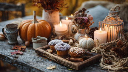 Rustic Fall Feast Still Life: Pumpkins Muffins Candles and Autumn Floral Arrangement in Outdoor Scene with Warm Colors and Cozy Thanksgiving Concept