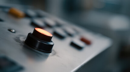 Close up of control button industrial equipment with glowing indicator light, suggesting active
