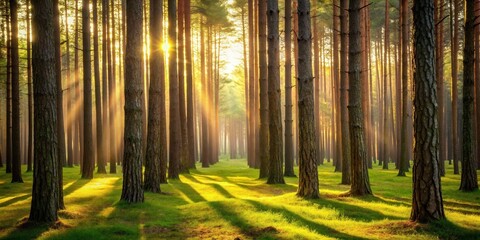 Fototapeta premium Golden Sunlight Filtering Through a Dense Forest of Tall Trees Casting Long Shadows on Lush Green Grass