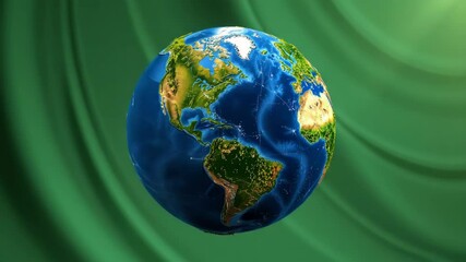 A realistic 3D rendering of planet Earth with detailed continents and oceans on a green abstract background.