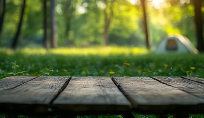 Rustic wooden table in a sunlit forest campsite