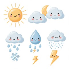 Cute Cartoon Weather Icons: Sun, Moon, Clouds, Rain, and Snow