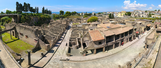 Panoramic photo from above of the excavations of Herculaneum, the ancient Roman city destroyed by the eruption of Vesuvius in 79 AD
