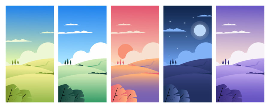 Countryside landscape daytime cycle. Day night evening midnight nature scene, cartoon summer sky hill landscape in different parts of day time, sunset sunrise sunlight. Vector set