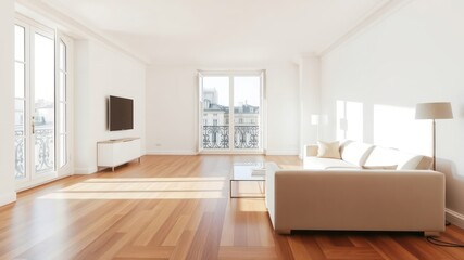 Fototapeta premium Bright, airy living room with hardwood floors, large windows, and modern furniture