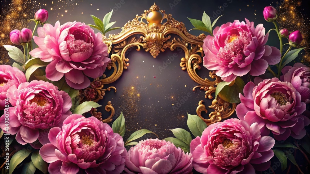 Aufkleber opulent gold frame encircled by a bountiful array of delicate pink peonies, illuminated by a shower 