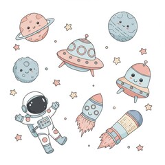 Cute Cartoon Astronaut with Pastel Planets and Rocket