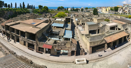 Panoramic photo from above of the excavations of Herculaneum, the ancient Roman city destroyed by the eruption of Vesuvius in 79 AD