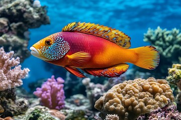 Obraz premium Underwater exploration of vibrant wrasse fish in coral reef tropical ocean environment
