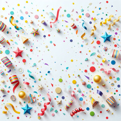 Colorful celebration background with confetti, ribbons, and party elements