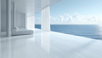 Modern coastal interior design, with serene ocean views.