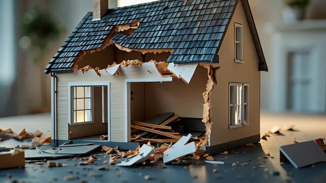 Miniature house model with severe structural damage, broken walls, and collapsed roof pieces scattered on the floor in bright indoor lighting

