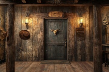 3D rendering of an old western barn with a door and a hat