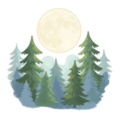 Fototapeta premium Full Moon Over a Forest of Green and Blue Trees