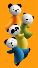 Naklejka premium Colorful Dancing Pandas Illustration on Vibrant Orange Background
