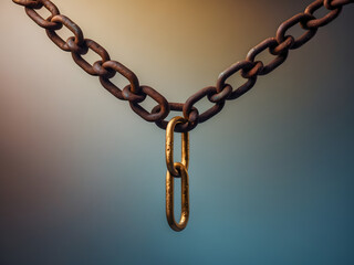Fototapeta premium Unique Link in Chains: An abstract composition showcases a tarnished iron chain, juxtaposed with a single, striking golden link, symbolizing strength, connection, and individuality.