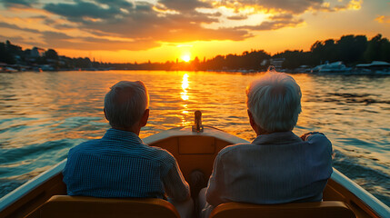 A retired couple enjoying a sunset boat ride, feeling relaxed and content (2)