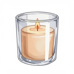 Lit Beige Candle in Clear Glass Container