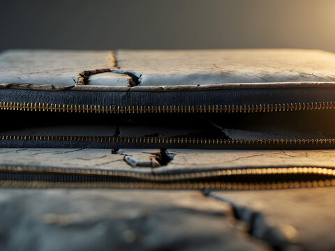 Cracked Old Leather Bag: The close-up shot reveals a distressed leather bag, its zipper partially unzipped, conveying a sense of journey's end or time's passage. 