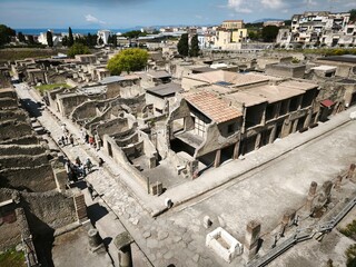 Panoramic photo from above of the excavations of Herculaneum, the ancient Roman city destroyed by the eruption of Vesuvius in 79 AD