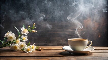 Serene Morning A steaming cup of coffee rests on a rustic wooden table beside a delicate bouquet of white blossoms, creating a peaceful and tranquil atmosphere.