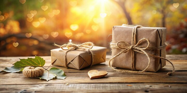 Rustic Wrapped Gifts on Wooden Surface with Autumnal Background and Heart Decorations