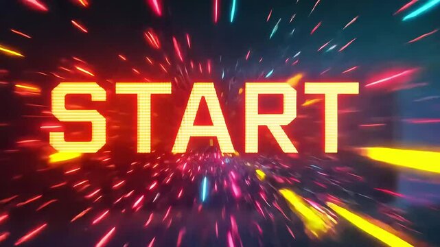 Glowing START sign with colorful streaks on a dark background, signifying a dynamic beginning