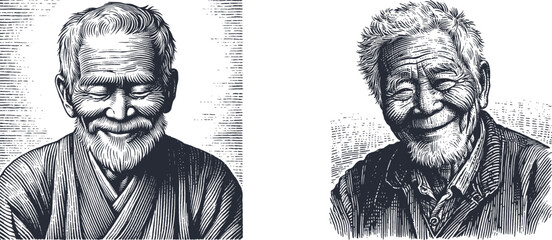 Gentle Smile of an Elderly Village Teacher &ndash; A Serene Portrait. set, print, clip art, vintage, black-and-white, tattoo