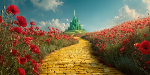 A stunning image of yellow brick road leading through poppy field to green emerald city in the distance. Wizard of Oz concept.