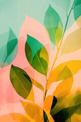 Colorful Double Exposure of Leaves: Vibrant Spring Nature Art with Green, Pink, and Yellow Overlays