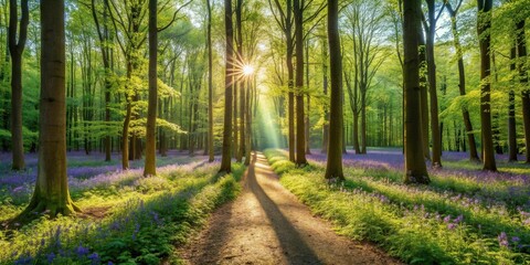 Obraz premium Sunlit Path Through a Spring Woodland with Blooming Flowers