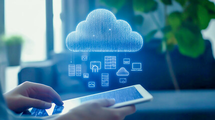 Person using a tablet with cloud computing icons overlayed, symbolizing digital transformation