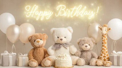 Stuffed animals with birthday cake, balloons and gift boxes arranged under glowing Happy Birthday sign in pastel setting. 4K video - Powered by Adobe