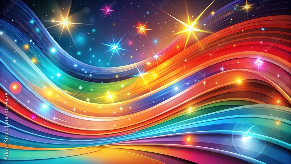 Poster Vibrant Rainbow Swirls with Sparkling Celestial Lights A Festive Abstract Design Featuring Dynamic Curves and Glowing Stars