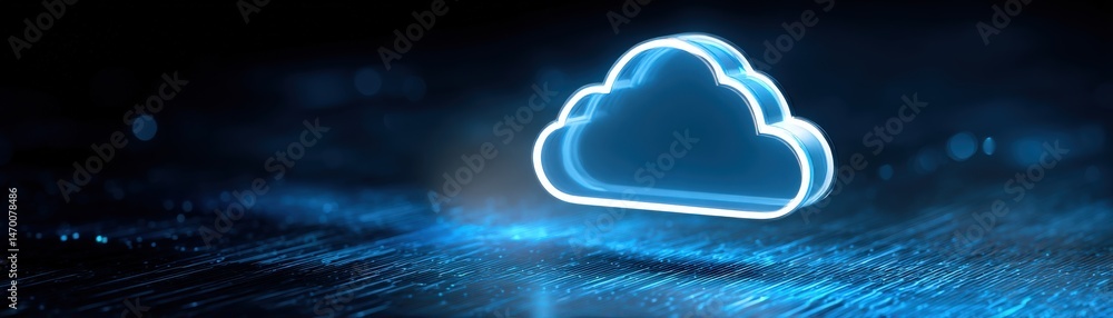Poster glowing digital cloud icon hovering over a futuristic blue data surface, symbolizing cloud computing