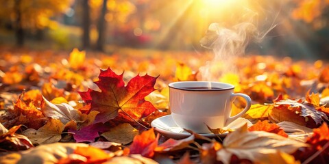 Aromatic Warm Beverage Amidst Vibrant Autumn Foliage, Enjoying a Serene Moment Outdoors on a Crisp Fall Day