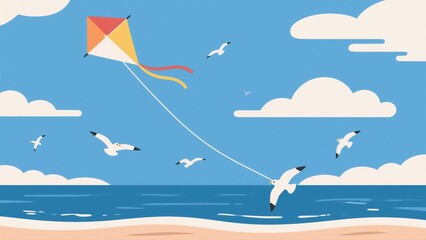 A cheerful summer day at the beach with a colorful kite flying high, playful seagulls soaring above the ocean waves, and fluffy clouds in the sky 8K