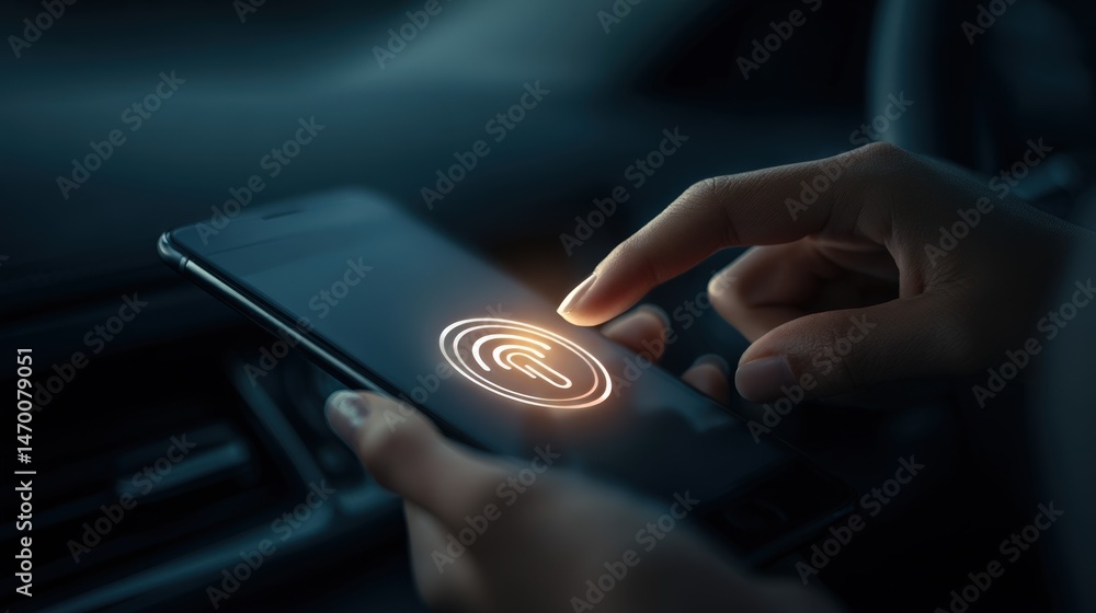 Poster a person uses a smartphone with a glowing fingerprint icon, highlighting security and biometric auth