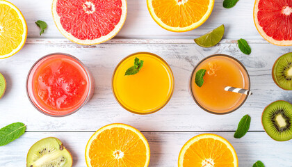 arranged on a white wooden surface are three glasses of colorful drinks. surrounding the drinks are slices of various fruits including halved yellow, green, and red citrus, and green, hairy fruit