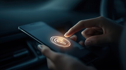 A person uses a smartphone with a glowing fingerprint icon, highlighting security and biometric authentication technology.