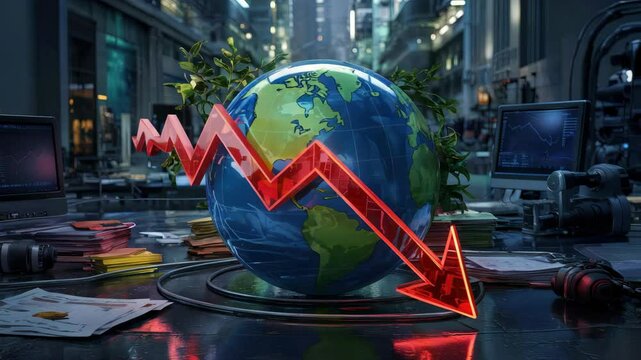 Red arrow pointing down over planet earth, symbolizing global economic downturn and financial crisis. - Powered by Adobe