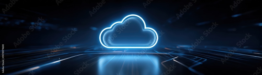 Poster a glowing neon cloud icon on a futuristic digital background representing cloud computing and techno