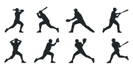 Eight Baseball Player Silhouettes Action Poses Graphics